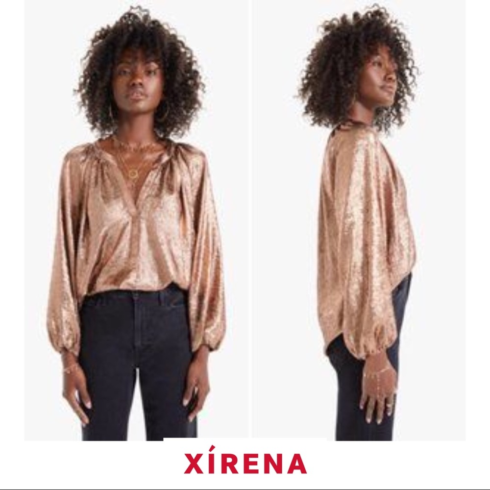 XIRENA V Neck Foil Silver Metallic Blouse